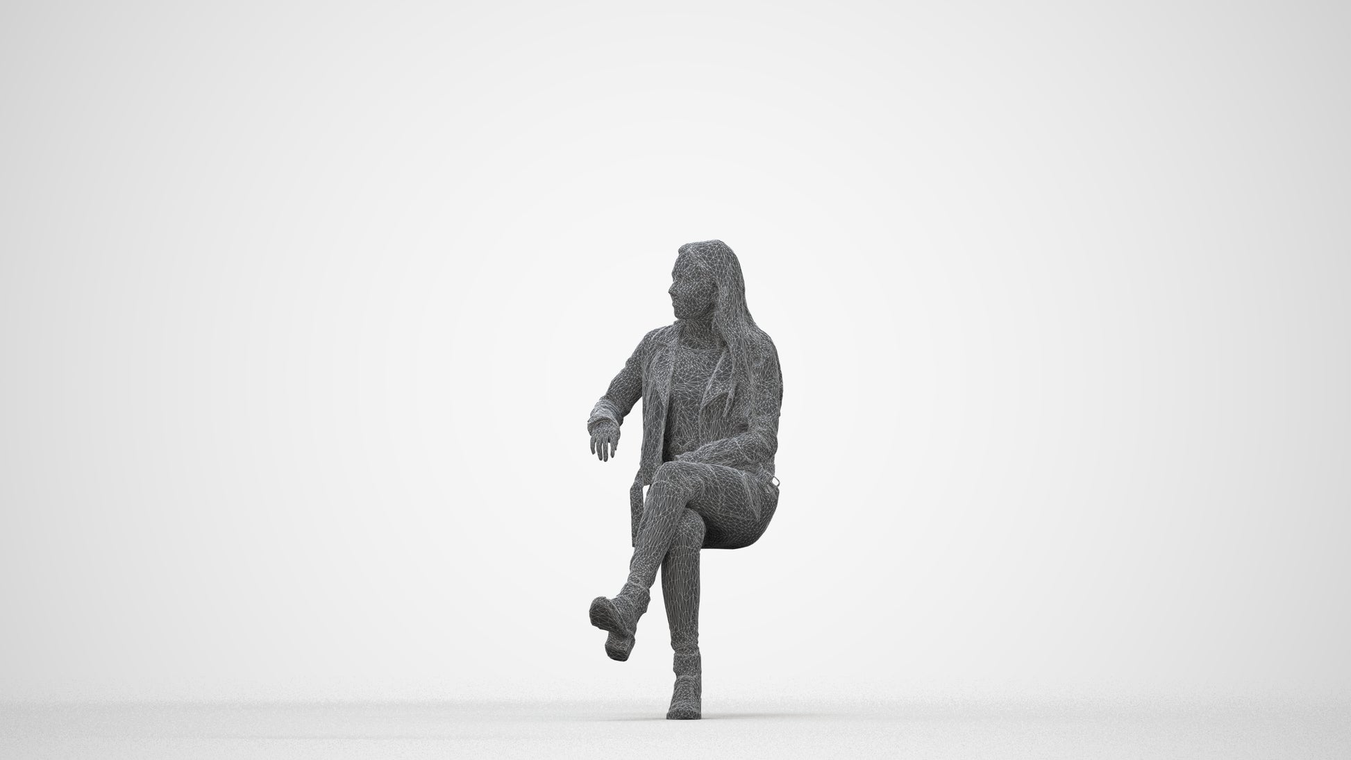 3D scanned woman sitting casual, photorealistic archviz people for Enscape and SketchUp, wireframe back view