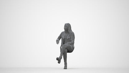 3D scanned woman sitting casual, photorealistic archviz people for Enscape and SketchUp, wireframe back view