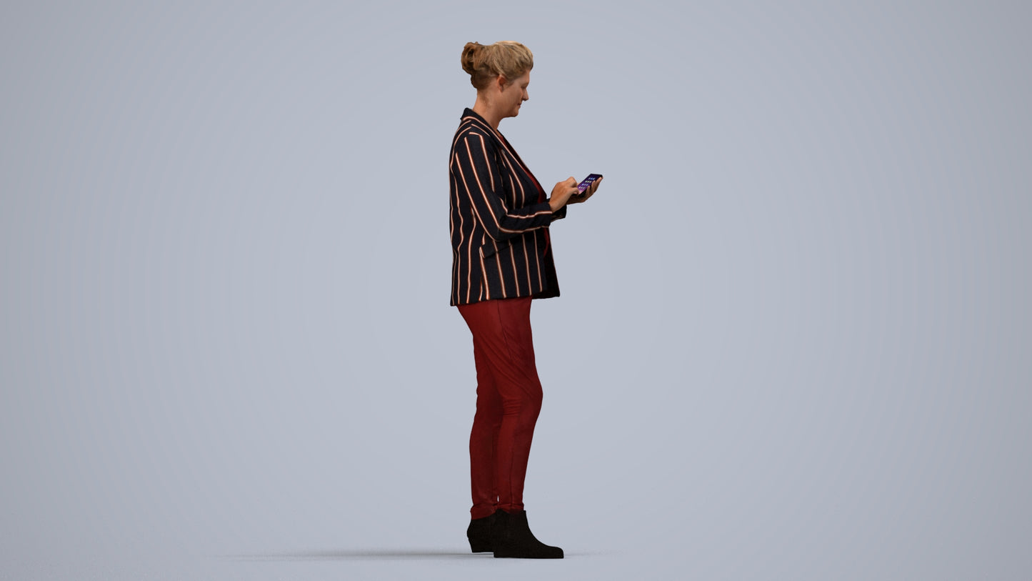 realistic 3D human woman business standing, archviz people FBX OBJ for Blender, side view render