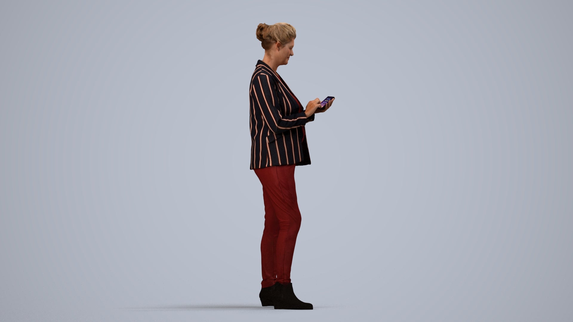 realistic 3D human woman business standing, archviz people FBX OBJ for Blender, side view render
