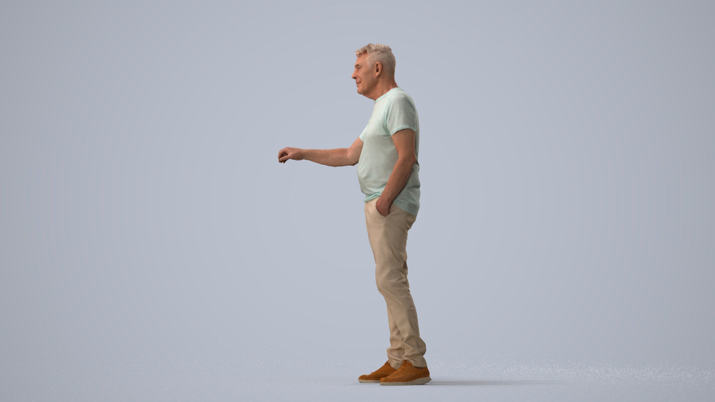 realistic 3D human senior man casual door, archviz people FBX OBJ for Blender, three-quarter view render