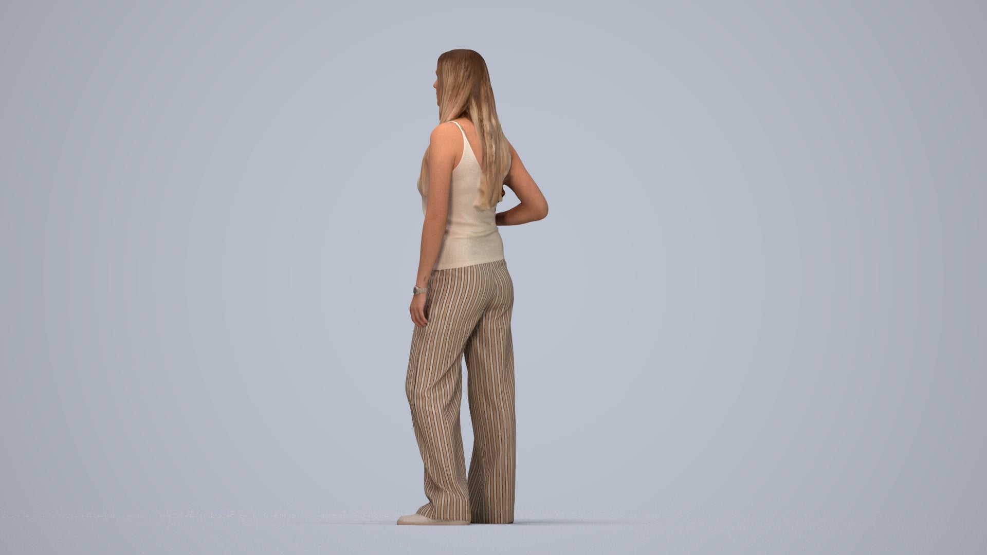 realistic 3D woman casual standing, scanned archviz people for Blender and 3ds Max, top-down view render