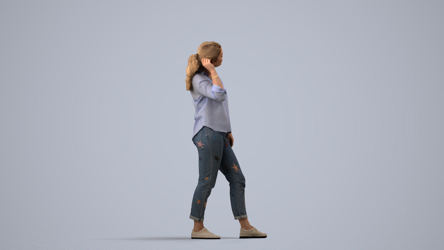 realistic 3D people woman casual standing, render-ready for V-Ray and Corona, FBX OBJ, side view render