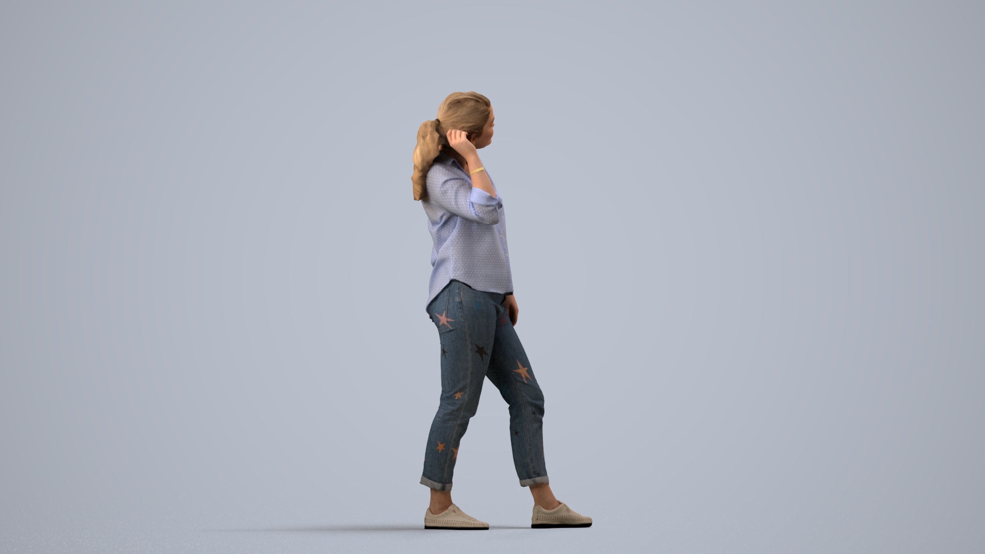 realistic 3D people woman casual standing, render-ready for V-Ray and Corona, FBX OBJ, side view render
