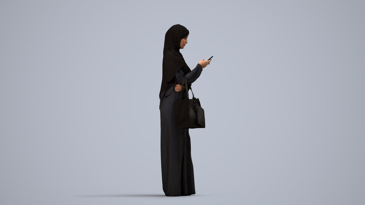 3D human model woman standing, photogrammetry scanned person for archviz, side view render