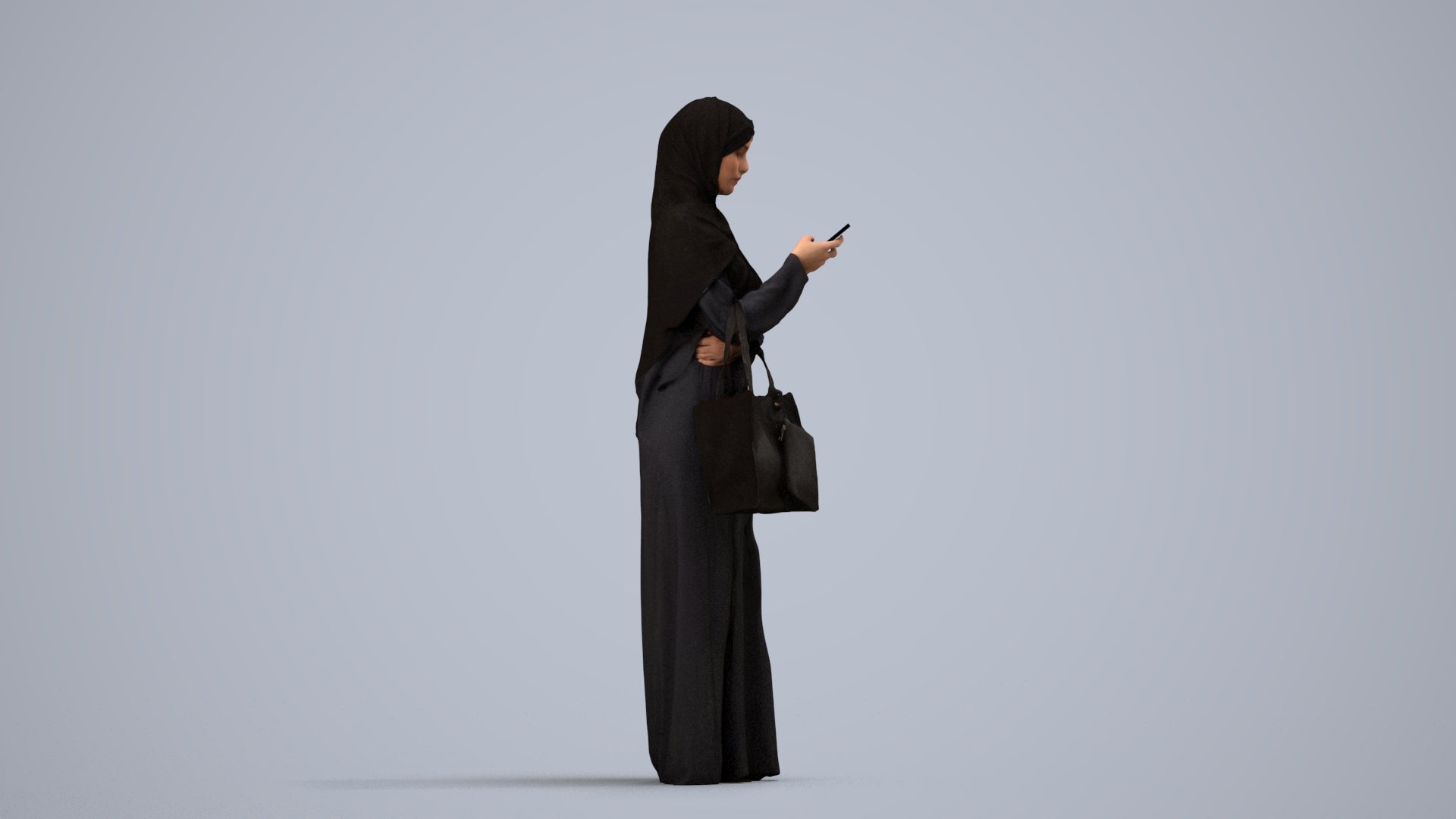 3D human model woman standing, photogrammetry scanned person for archviz, side view render