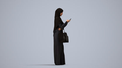 3D human model woman standing, photogrammetry scanned person for archviz, side view render