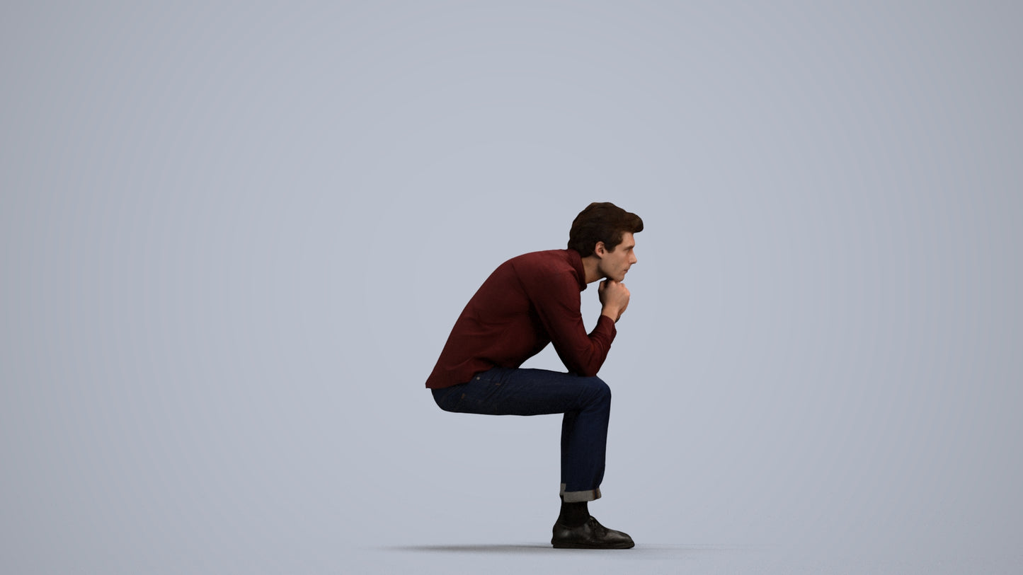 3D people model man casual sitting, scanned human for 3ds Max rendering, front view render