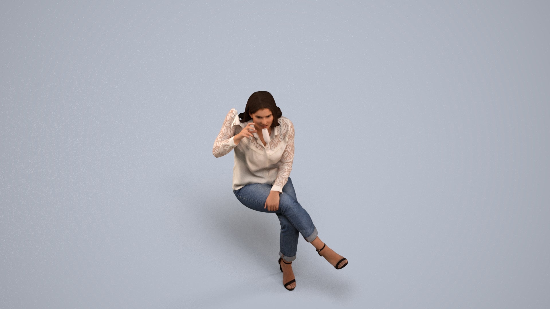 realistic 3D woman casual sitting, scanned archviz people for Blender and 3ds Max, back view render