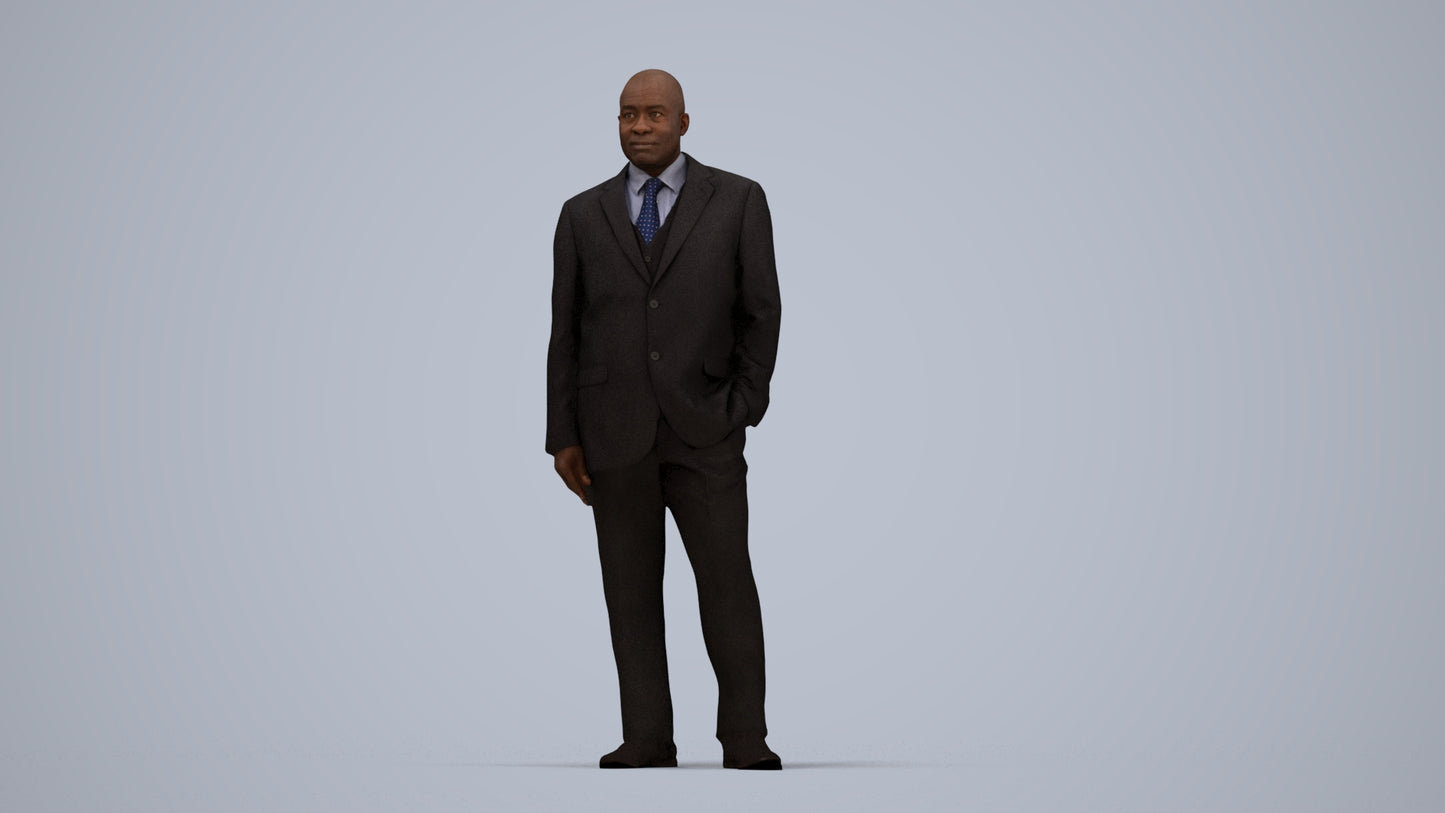 3D human model man business, photogrammetry scanned person for archviz, top-down view render