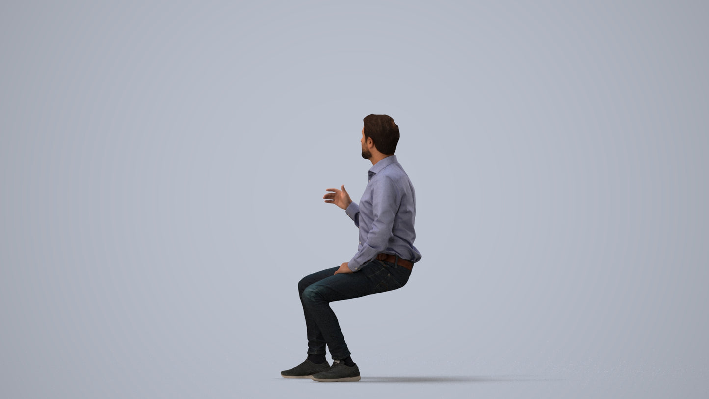 realistic 3D man business sitting, scanned archviz people for Blender and 3ds Max, three-quarter view render