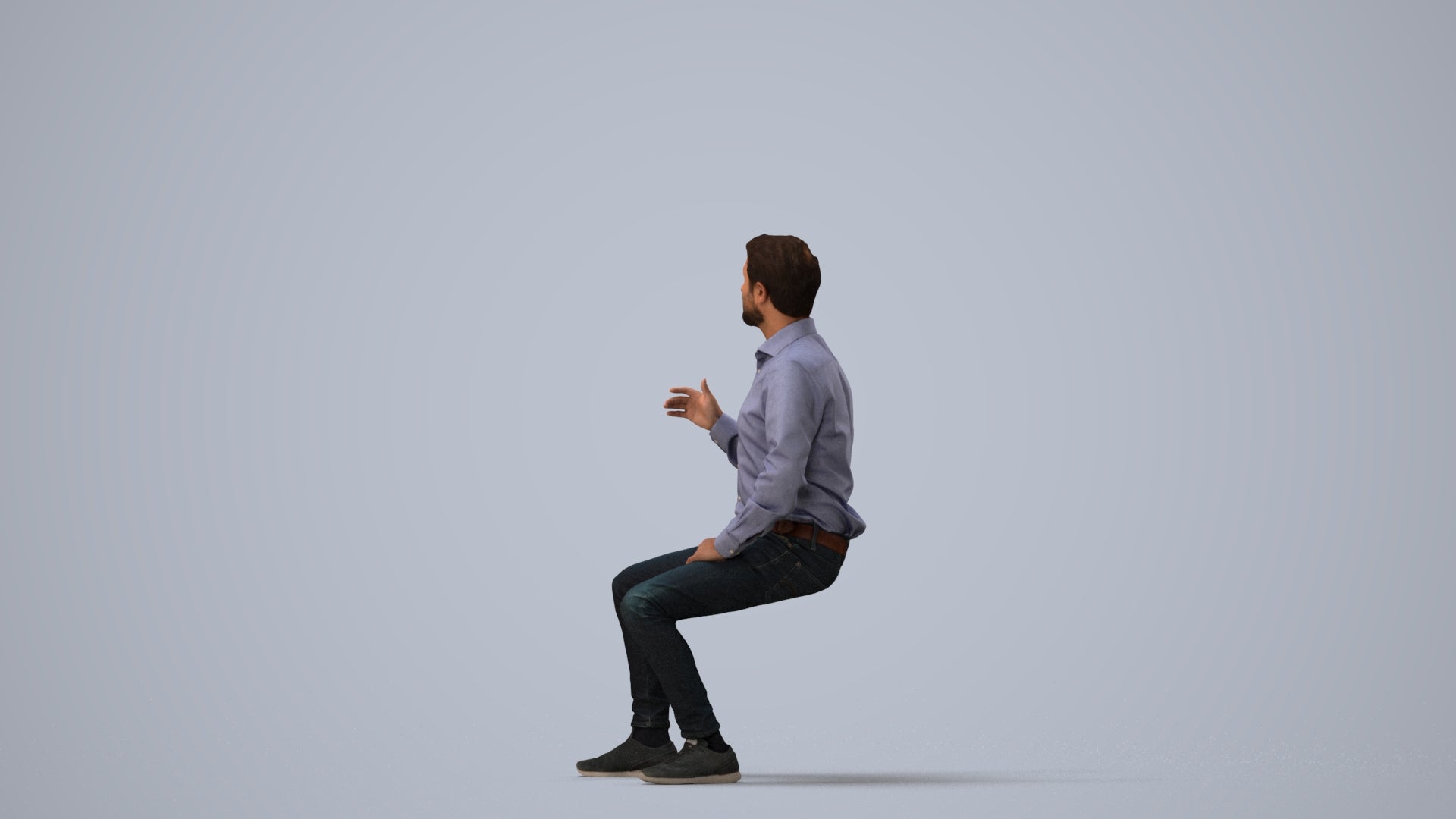 realistic 3D man business sitting, scanned archviz people for Blender and 3ds Max, three-quarter view render