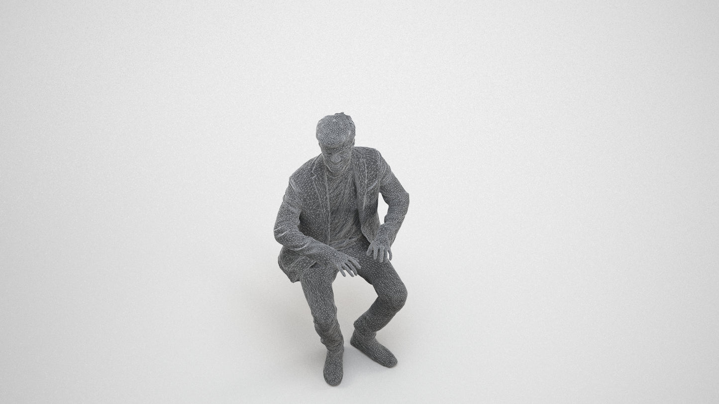 realistic 3D people man business sitting, render-ready for V-Ray and Corona, FBX OBJ, wireframe three-quarter view