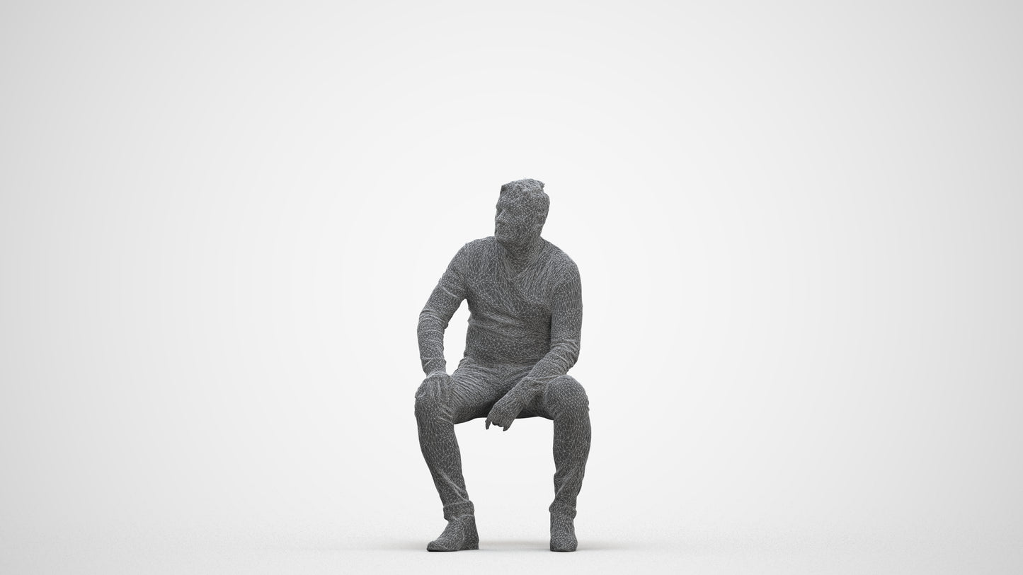 3D human model man casual sitting, photogrammetry scanned person for archviz, three-quarter front view render