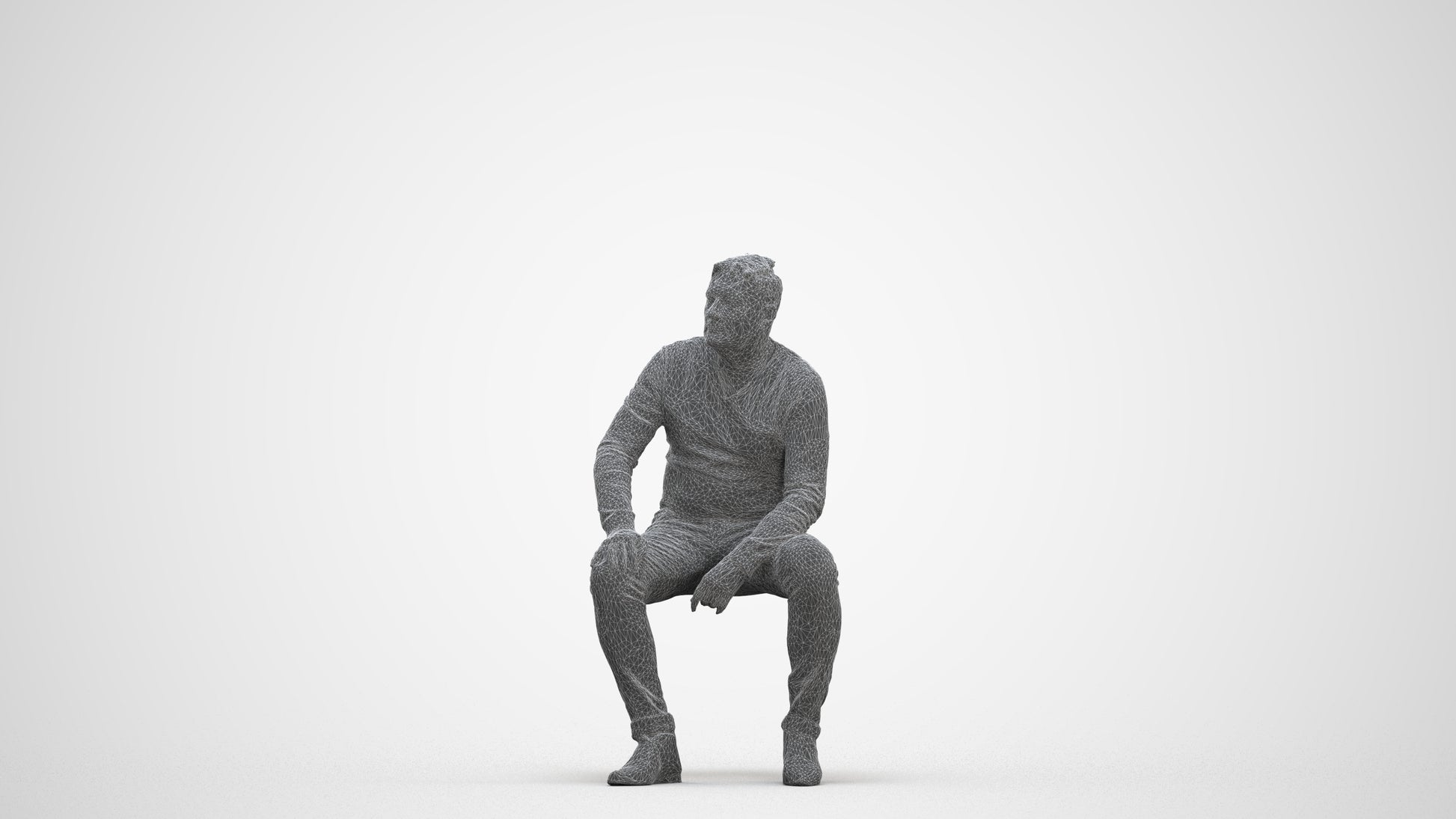 3D human model man casual sitting, photogrammetry scanned person for archviz, three-quarter front view render