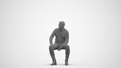 3D human model man casual sitting, photogrammetry scanned person for archviz, three-quarter front view render