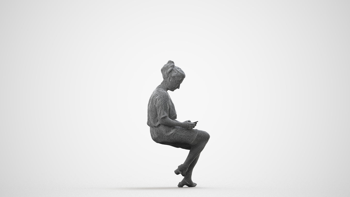 realistic 3D woman casual sitting, scanned archviz people for Blender and 3ds Max, wireframe side view