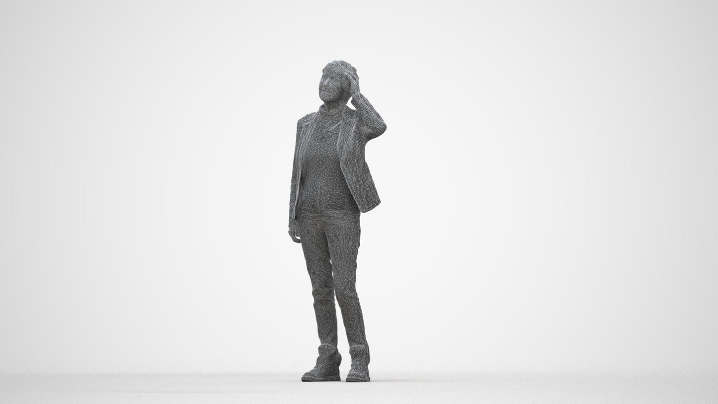 3D scanned senior woman standing business, photorealistic archviz people for Enscape and SketchUp, wireframe back view
