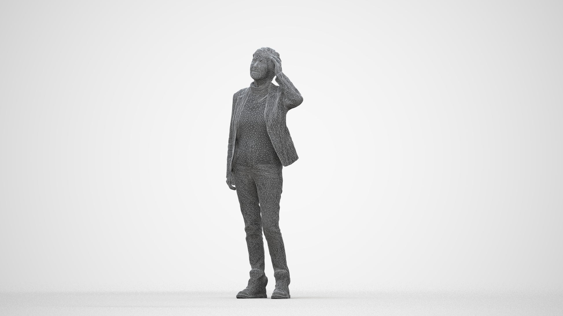 3D scanned senior woman standing business, photorealistic archviz people for Enscape and SketchUp, wireframe back view