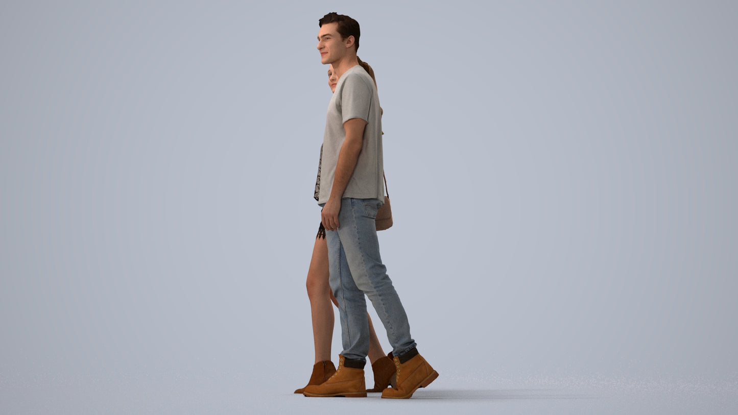 realistic 3D woman casual couple, scanned archviz people for Blender and 3ds Max, three-quarter view render