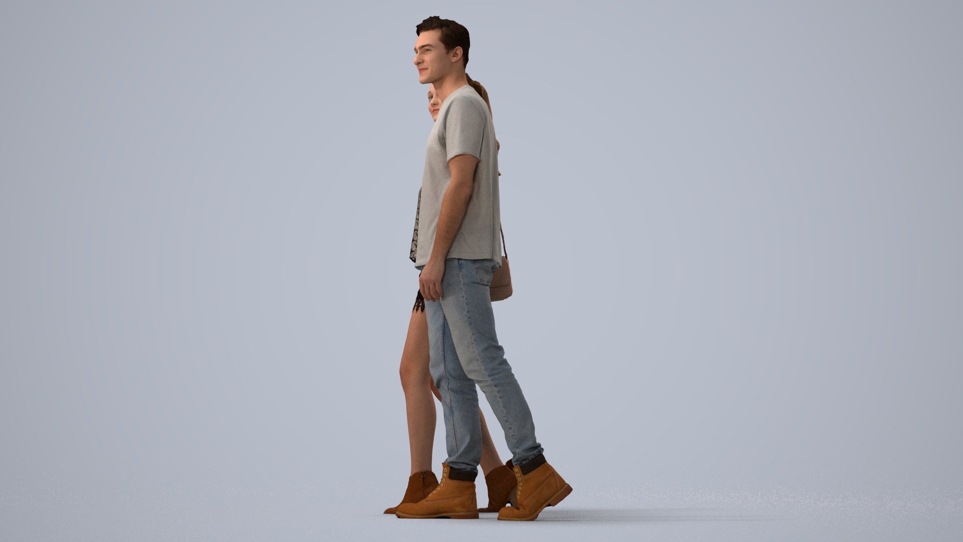 realistic 3D woman casual couple, scanned archviz people for Blender and 3ds Max, three-quarter view render