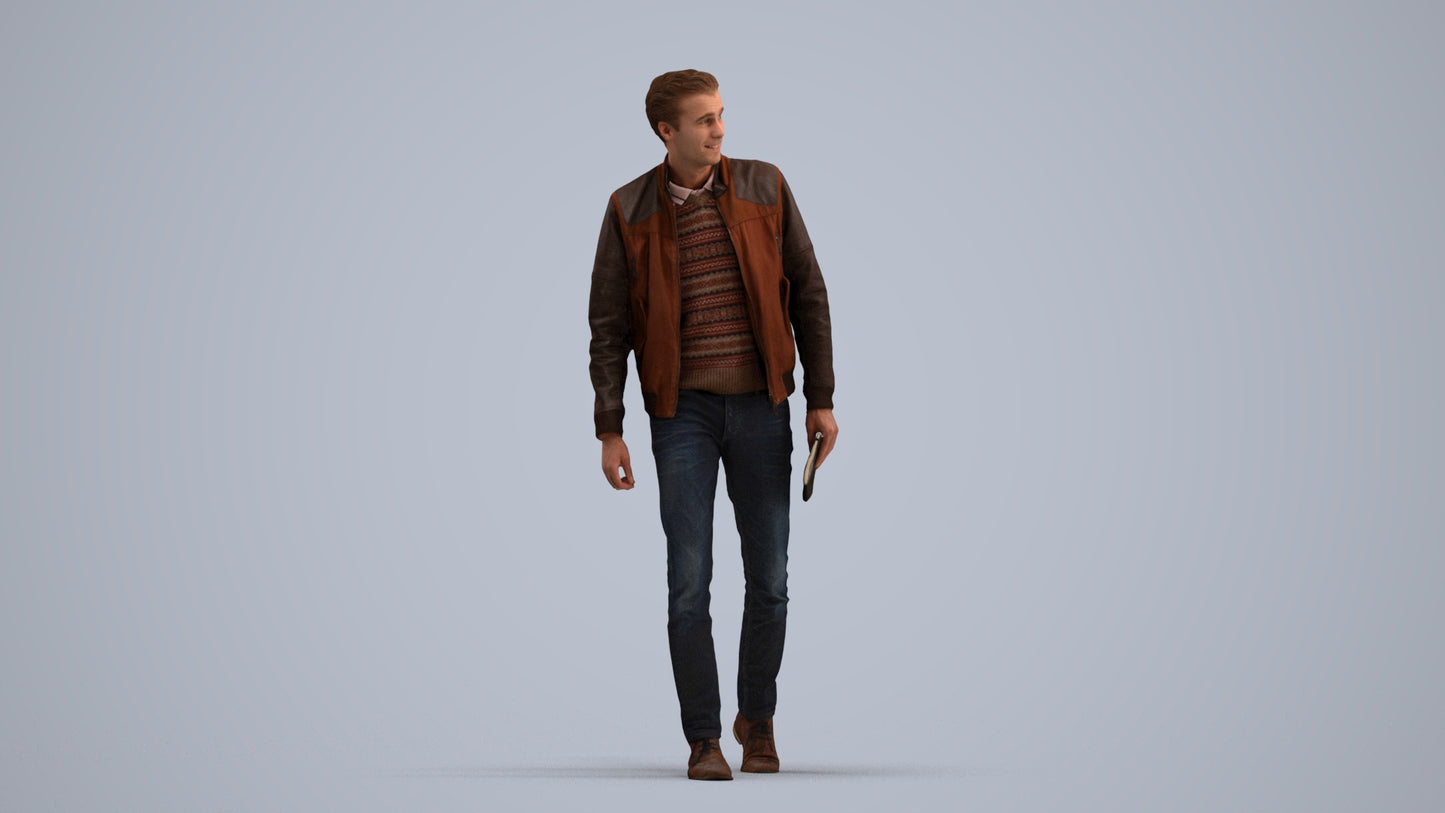 3D people model man casual walking, scanned human for 3ds Max rendering, standing pose render