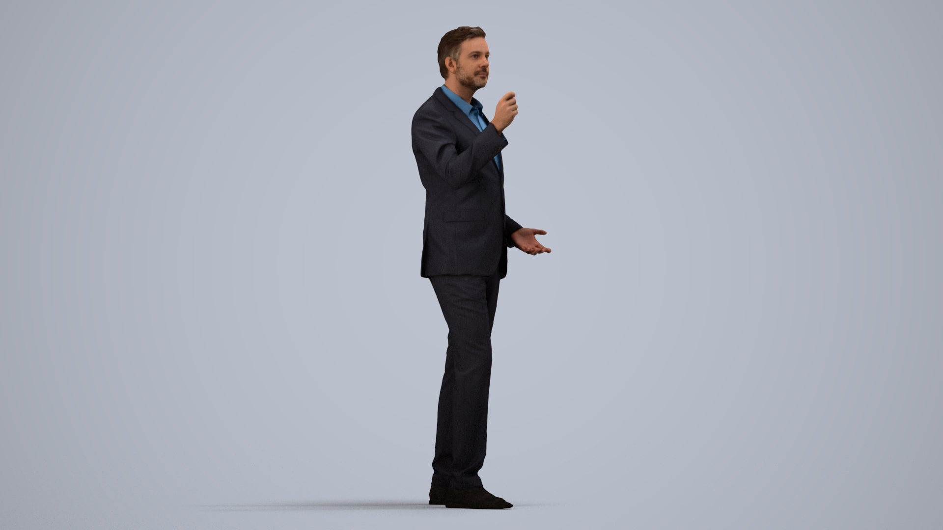realistic 3D human man business, archviz people FBX OBJ for Blender, side view render