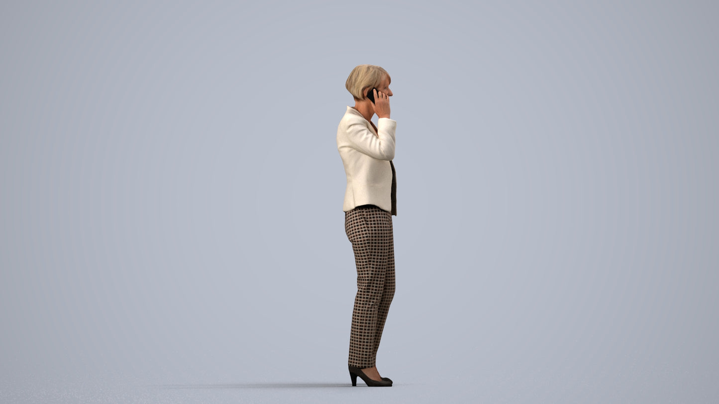 realistic 3D senior woman business standing, scanned archviz people for Blender and 3ds Max, side view render