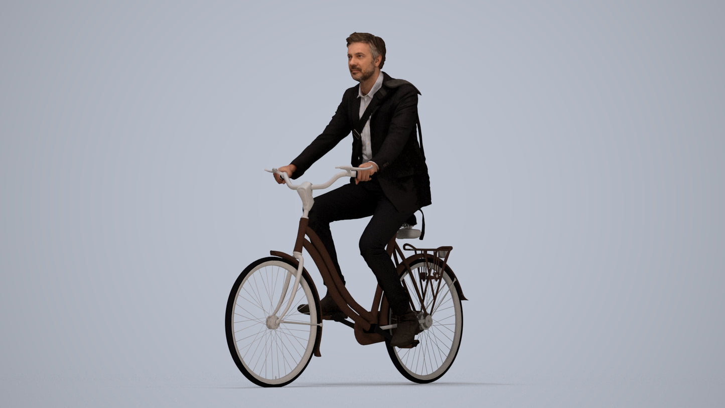 3D human model man business cycling, photogrammetry scanned person for archviz, top-down view render