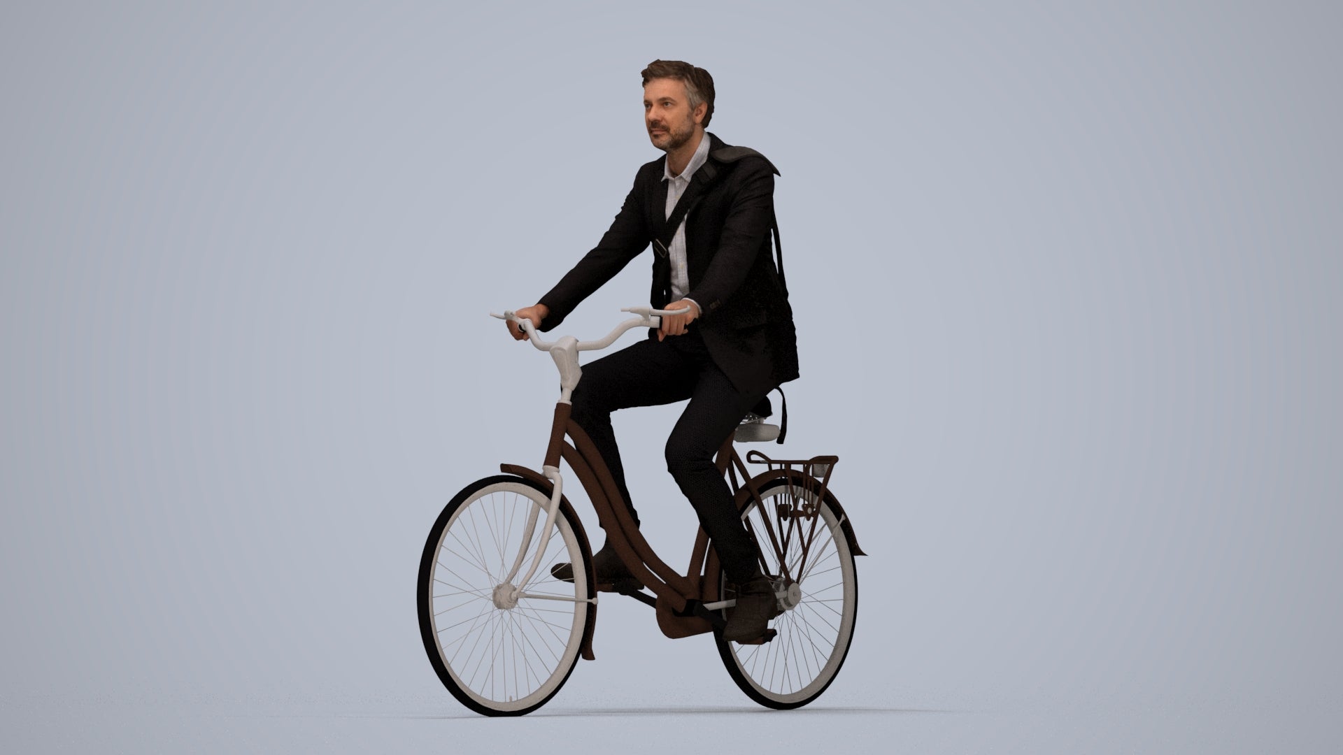 3D human model man business cycling, photogrammetry scanned person for archviz, top-down view render