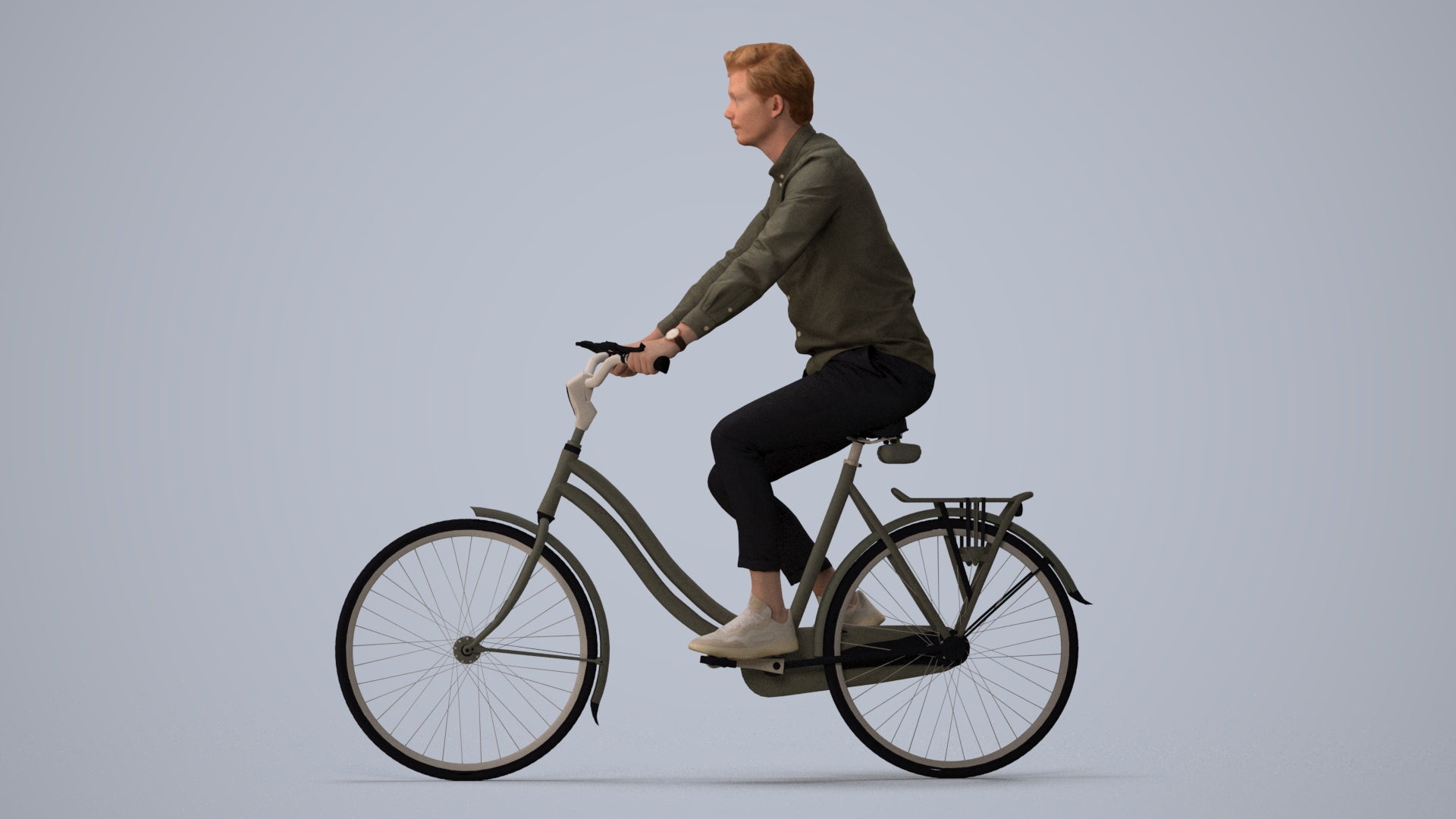 realistic 3D human man casual cycling, archviz people FBX OBJ for Blender, three-quarter view render