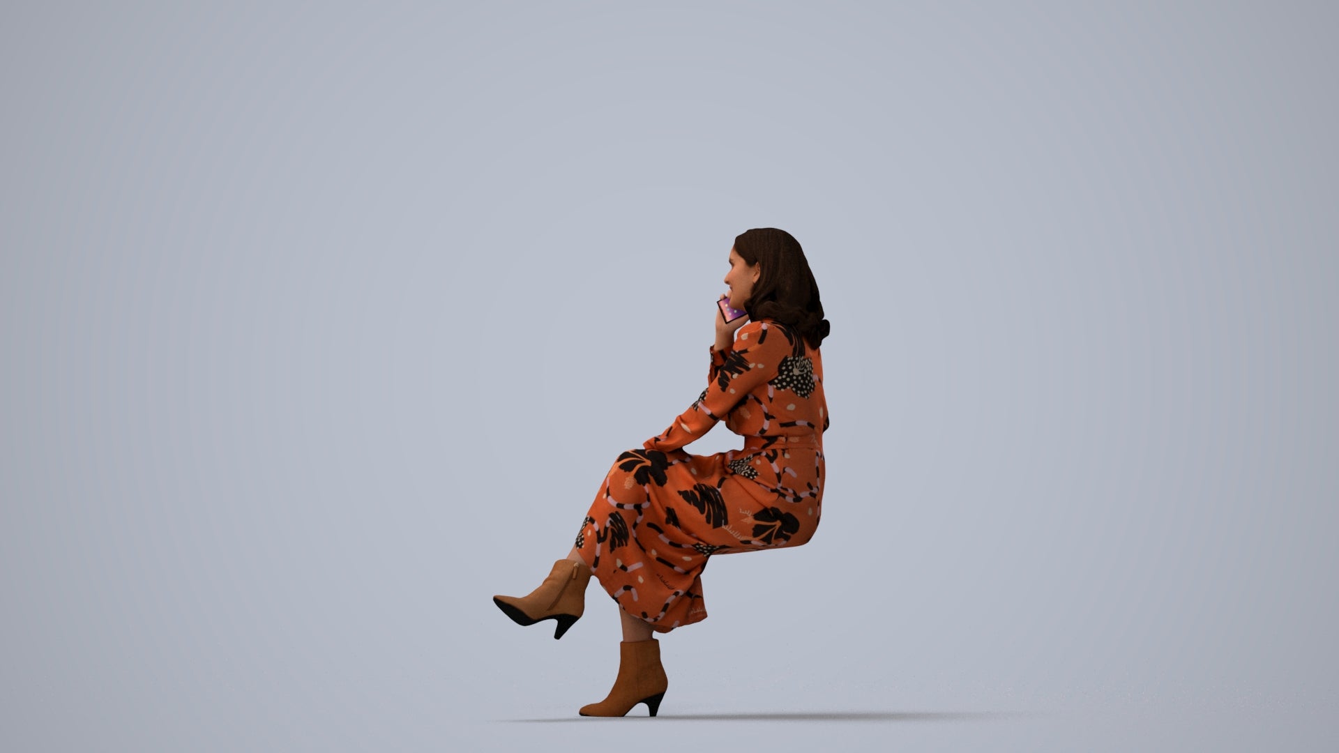 3D scanned woman sitting casual, photorealistic archviz people for Enscape and SketchUp, three-quarter view render