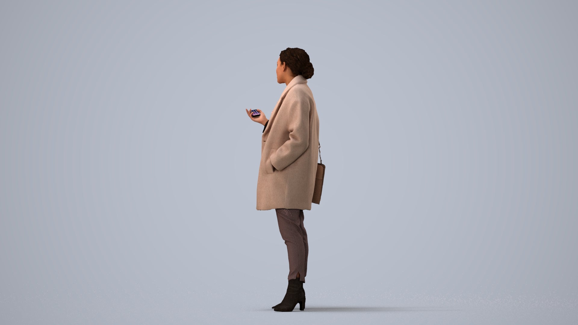 photogrammetry 3D woman business standing, realistic human model archviz FBX, three-quarter view render