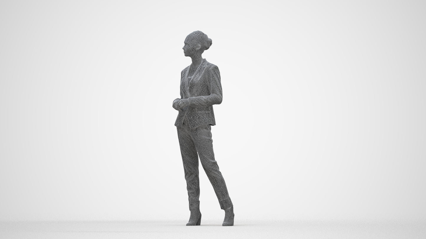 realistic 3D human woman business standing, archviz people FBX OBJ for Blender, wireframe back view