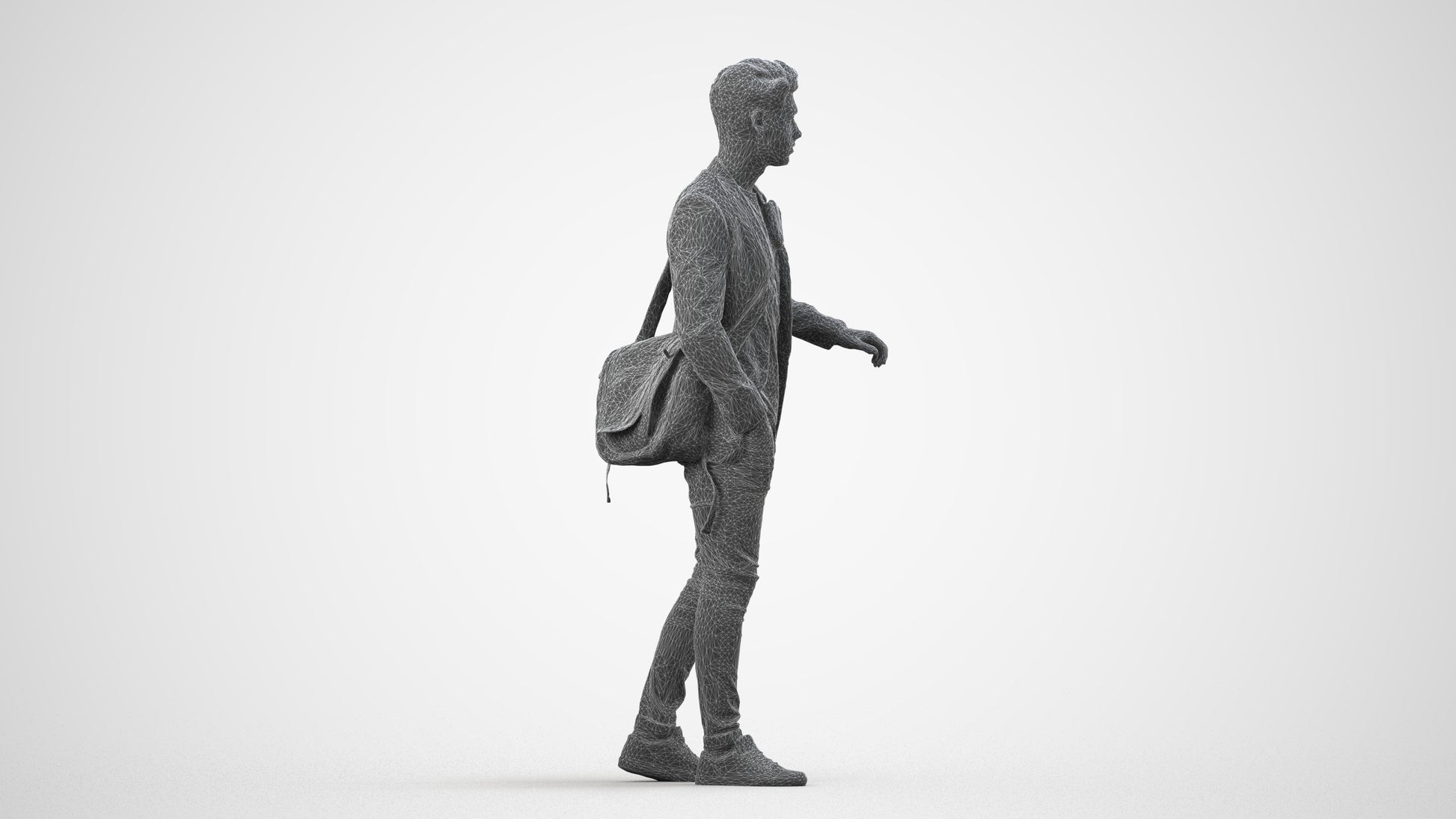 3D scanned man standing casual, photorealistic archviz people for Enscape and SketchUp, wireframe side view