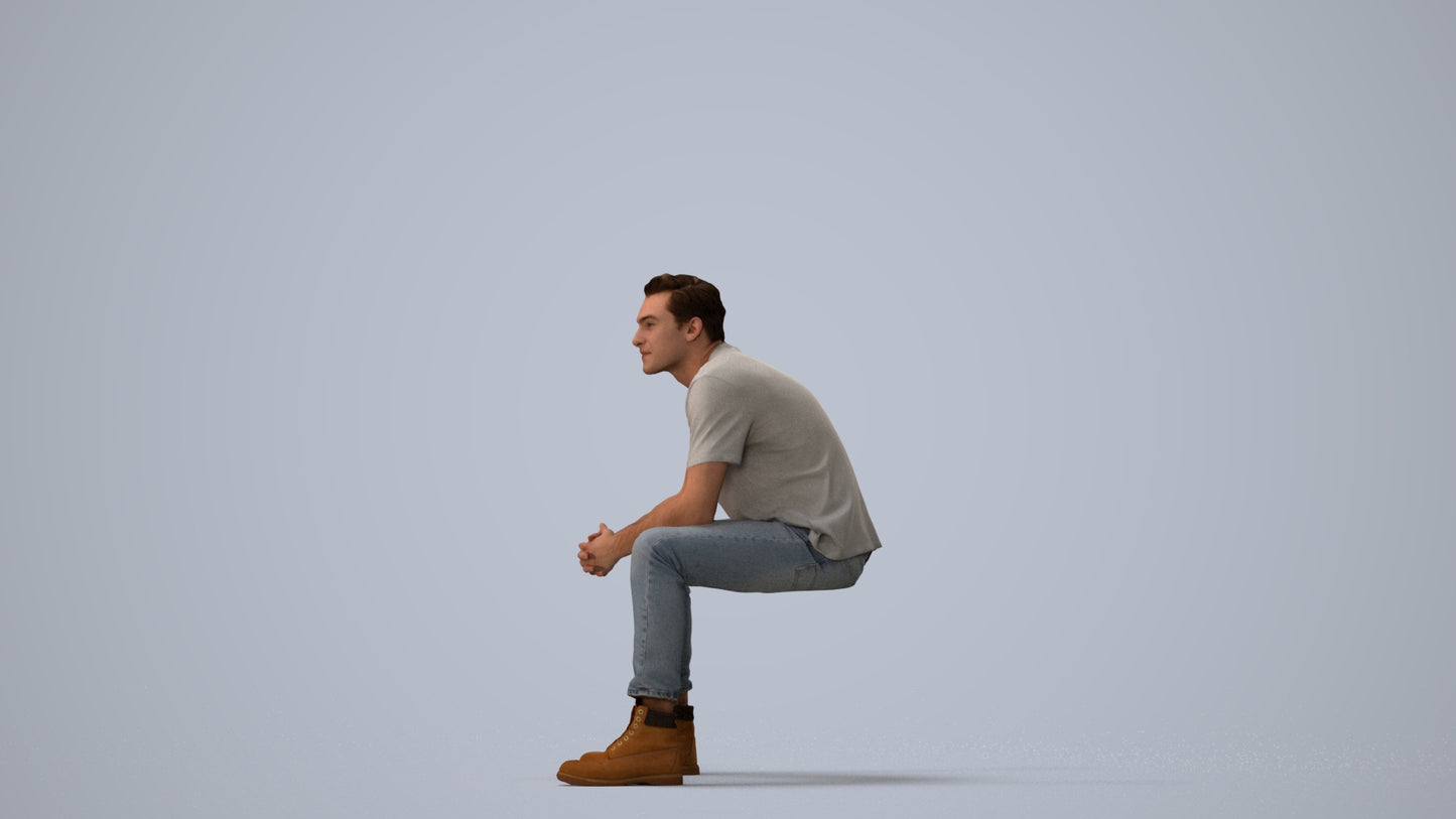 scanned 3D man casual sitting, photogrammetry people for Enscape and V-Ray, three-quarter view render
