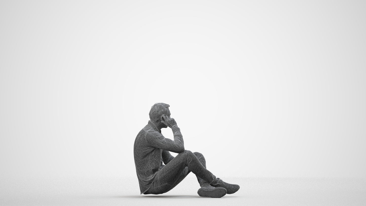 3D scanned man sitting casual, photorealistic archviz people for Enscape and SketchUp, wireframe side view