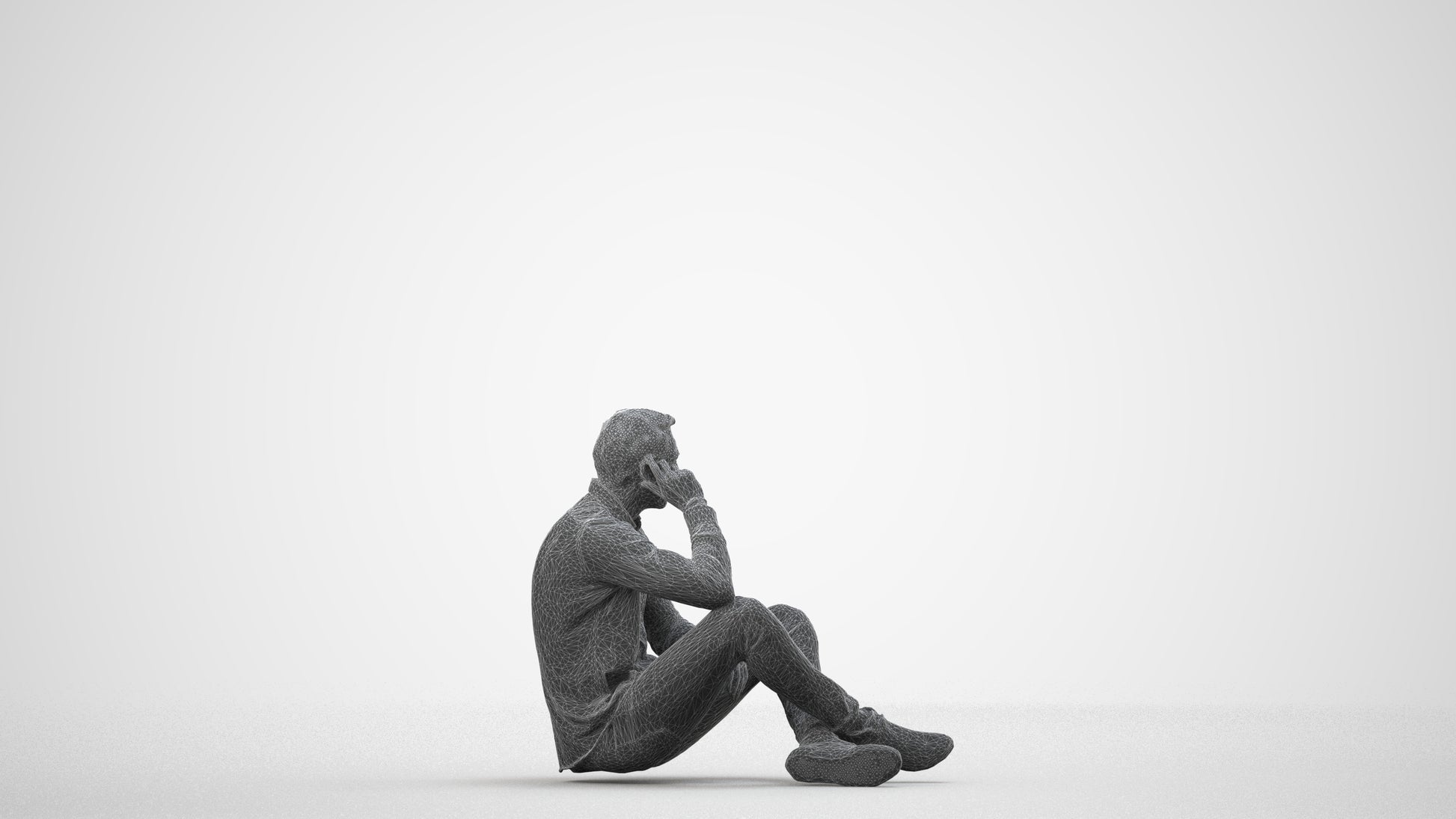 3D scanned man sitting casual, photorealistic archviz people for Enscape and SketchUp, wireframe side view