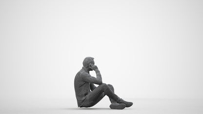 3D scanned man sitting casual, photorealistic archviz people for Enscape and SketchUp, wireframe side view