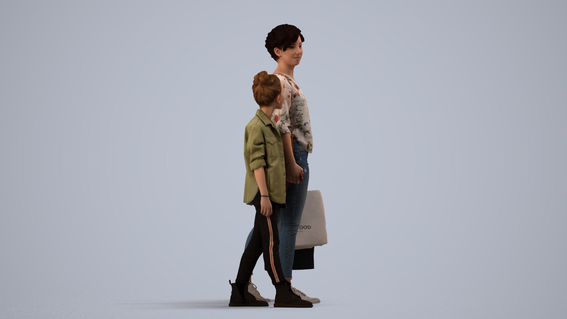 3D human model girl casual kids, photogrammetry scanned person for archviz, side view render