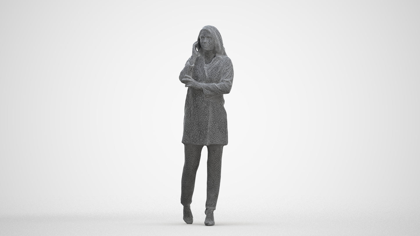 3D human model woman business walking, photogrammetry scanned person for archviz, three-quarter front view render