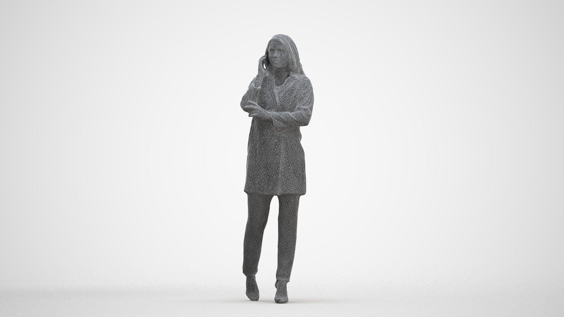 3D human model woman business walking, photogrammetry scanned person for archviz, three-quarter front view render