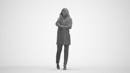 3D human model woman business walking, photogrammetry scanned person for archviz, three-quarter front view render