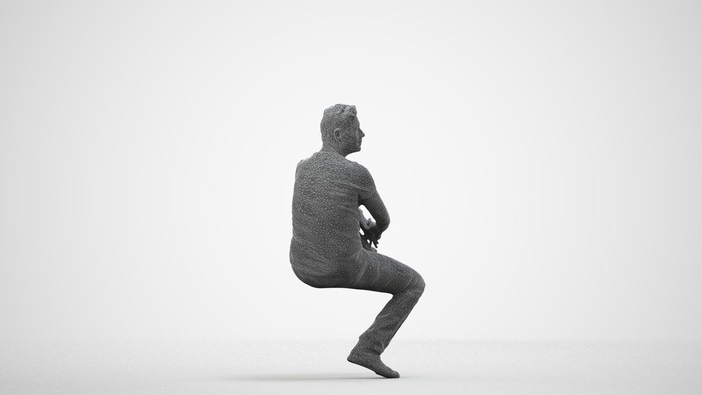 realistic 3D man casual sitting, scanned archviz people for Blender and 3ds Max, wireframe side view