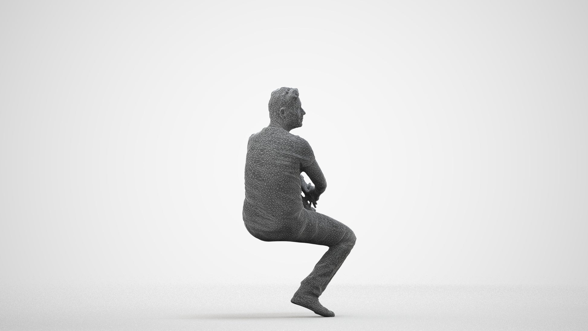 realistic 3D man casual sitting, scanned archviz people for Blender and 3ds Max, wireframe side view