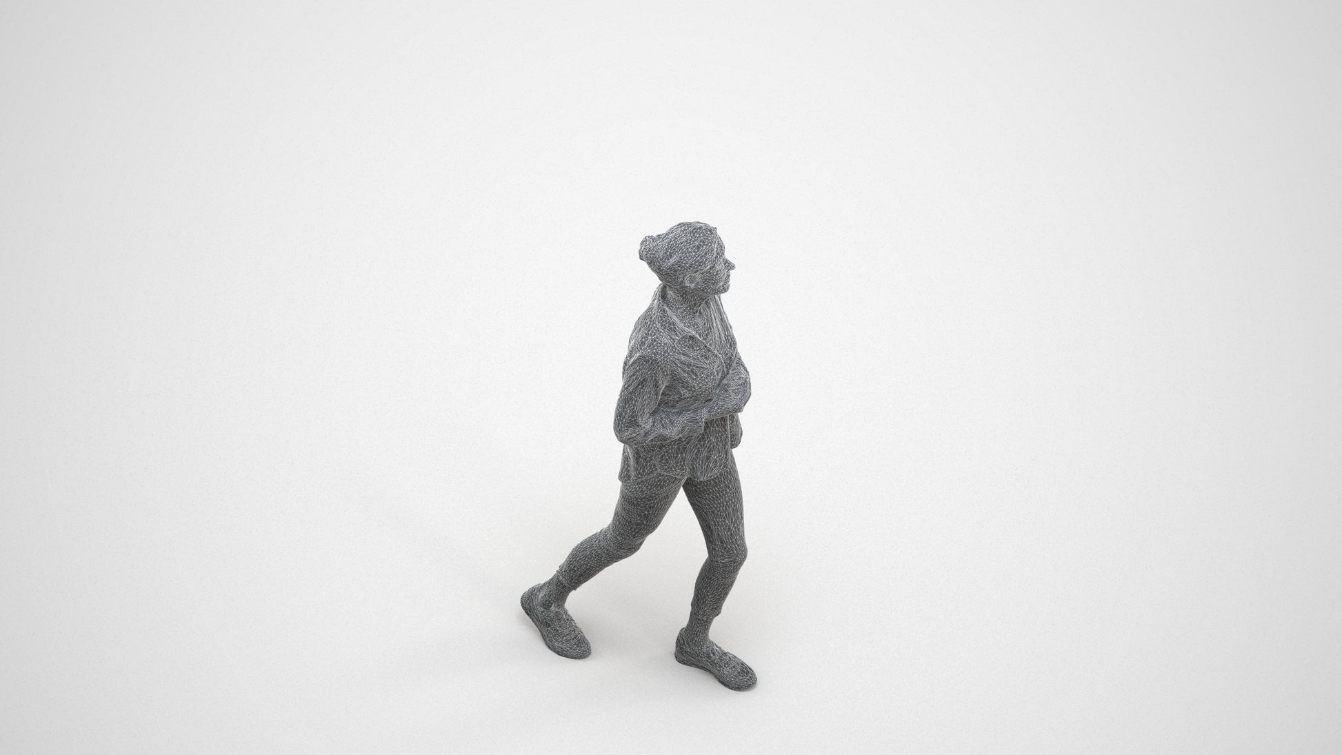 3D scanned senior woman standing casual, photorealistic archviz people for Enscape and SketchUp, wireframe three-quarter view