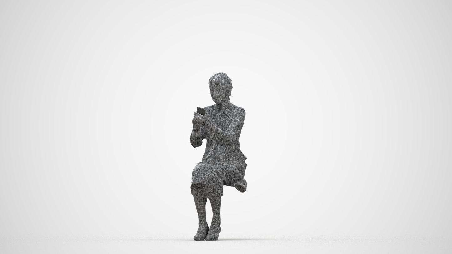 3D human model senior woman business sitting, photogrammetry scanned person for archviz, wireframe back view