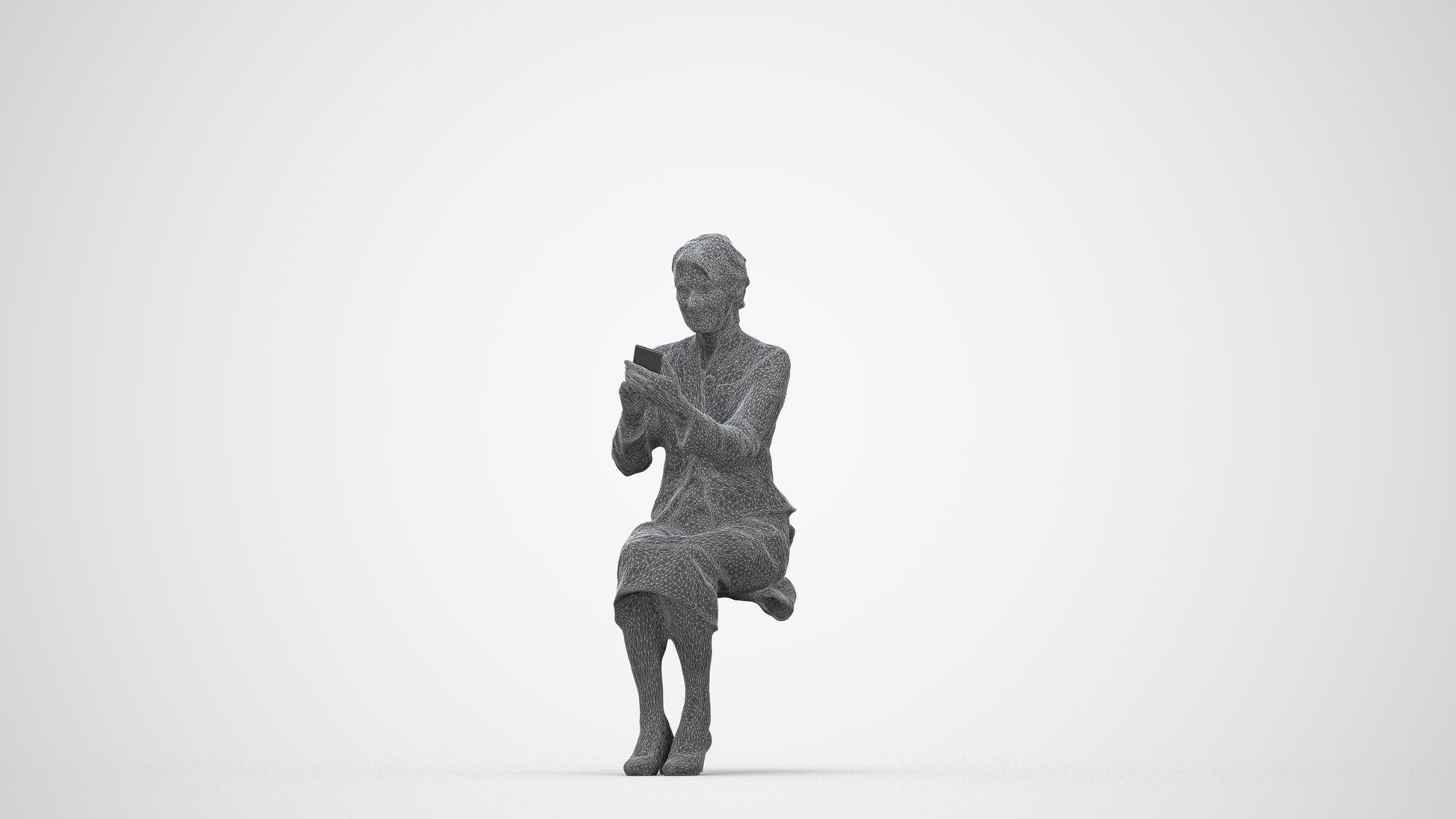 3D human model senior woman business sitting, photogrammetry scanned person for archviz, wireframe back view