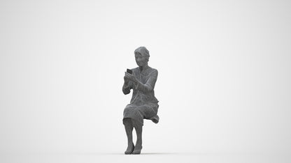 3D human model senior woman business sitting, photogrammetry scanned person for archviz, wireframe back view