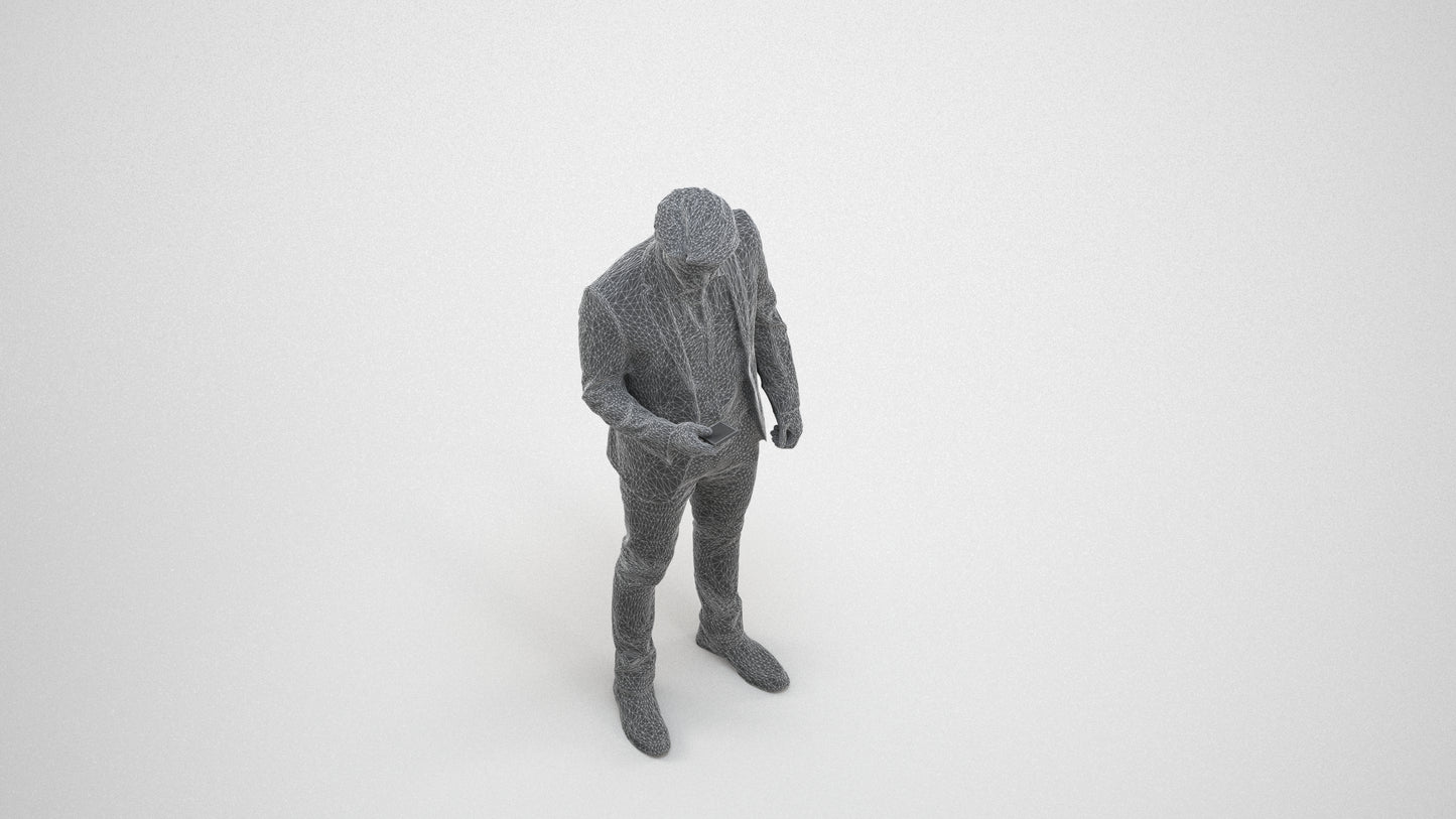 realistic 3D human man business, archviz people FBX OBJ for Blender, wireframe three-quarter view